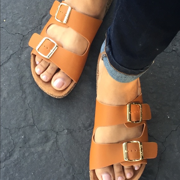 LAST 1❤️ TAN DOUBLE STRAP CORK SLIDE SANDALS - Picture 3 of 8